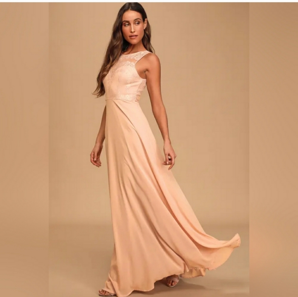 Lulu's Forever Kind of Love Blush Lace Maxi Dress Size L Wedding Guest Feminine - Picture 3 of 15